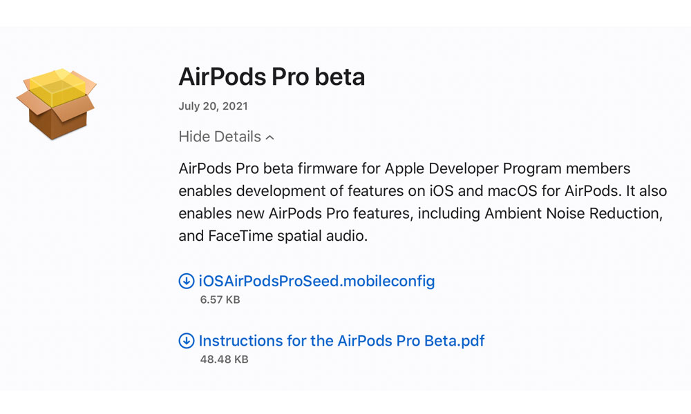 AirPods Pro beta firmware download page