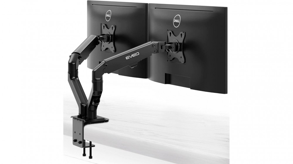 The EVEO Dual Monitor Stand supports two monitors.